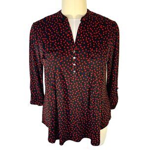 Ava & Grace Blouse Womens 2X Black Red Spotted Henley Neck Long Sleeve Roll Tab